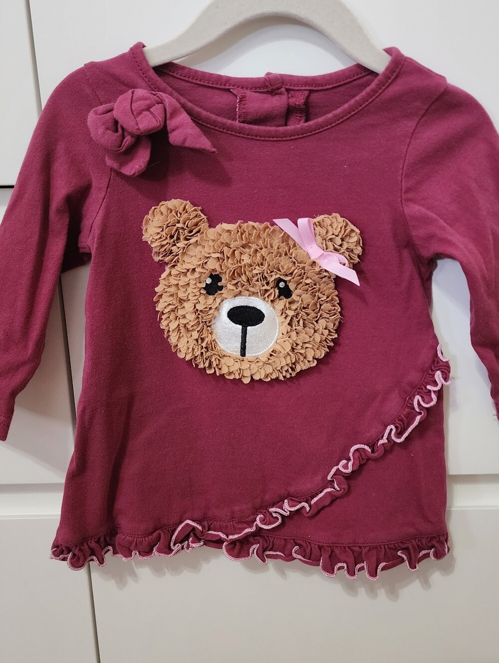 Baby Long Sleeve Top with Bear Applique - Burgundy 12M